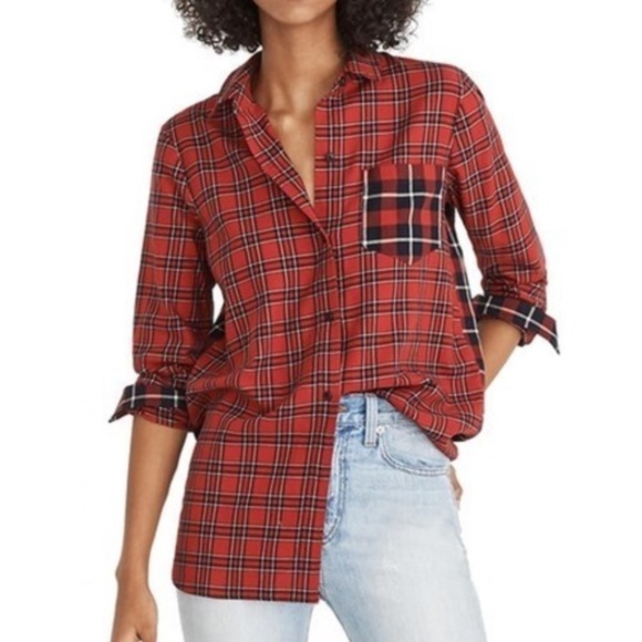 Madewell Tops - MADEWELL Women's Classic Ex-Boyfriend Button Up Shirt Patchwork Plaids Small Red
